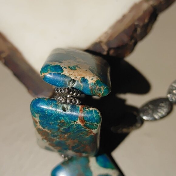 Vintage Silver Necklace Unknown Stone Brown Turquoise Tone Chunky Statement - Picture 3 of 16